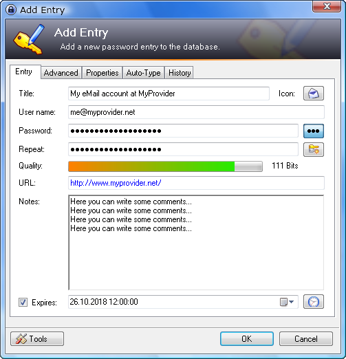 Add entry to Keepass
